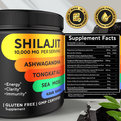 Supplement facts panel for VitaUp Shilajit showing proprietary blend with Shilajit extract, Kava Kava, Maca Root, and other adaptogens.