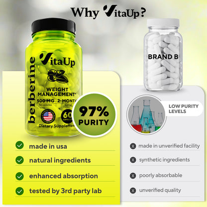 Comparison between VitaUp Berberine and other brands, showcasing natural ingredients and quality assurance.