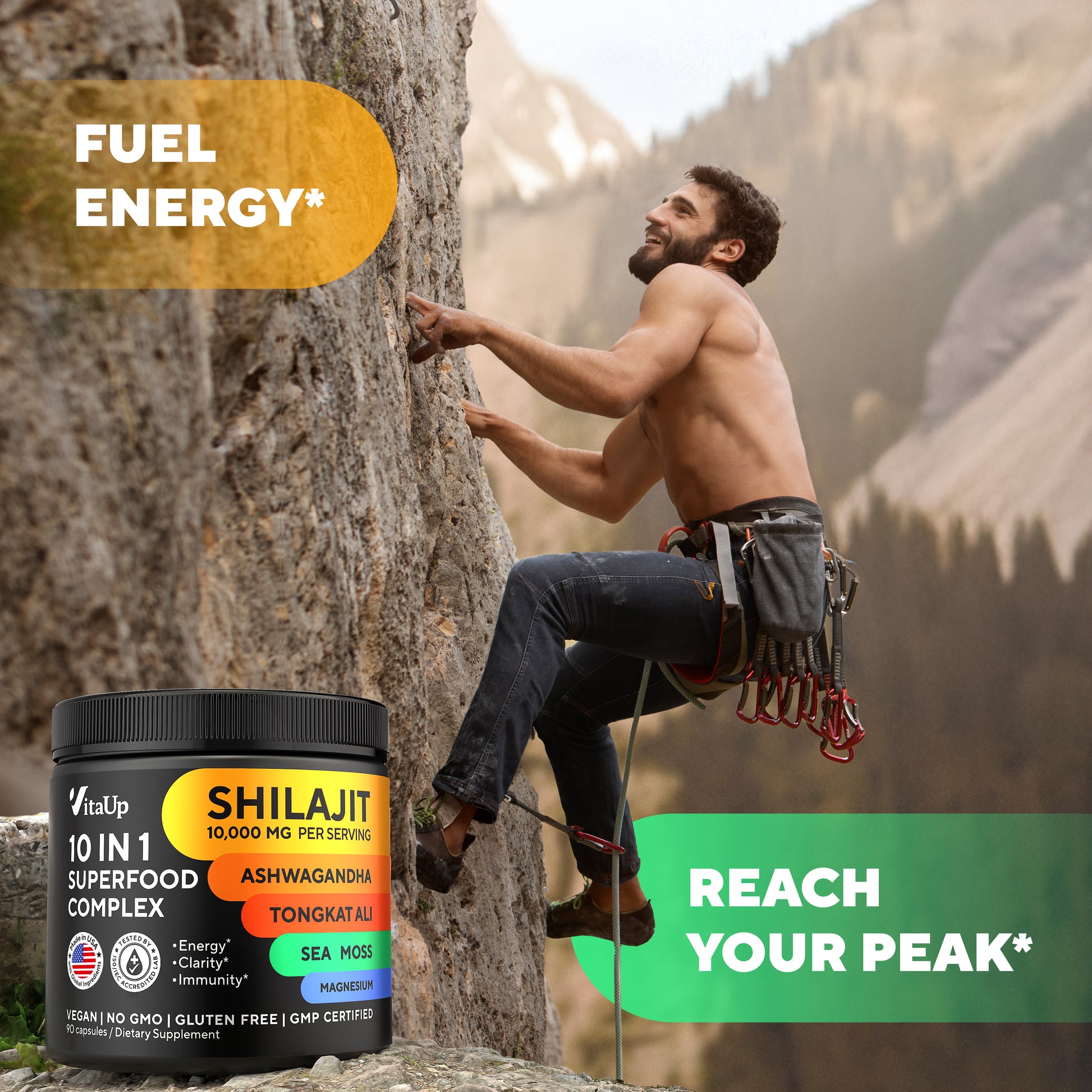 Man with full of energy climbing a mountain and gets energy from a Shilajit Capsules!
