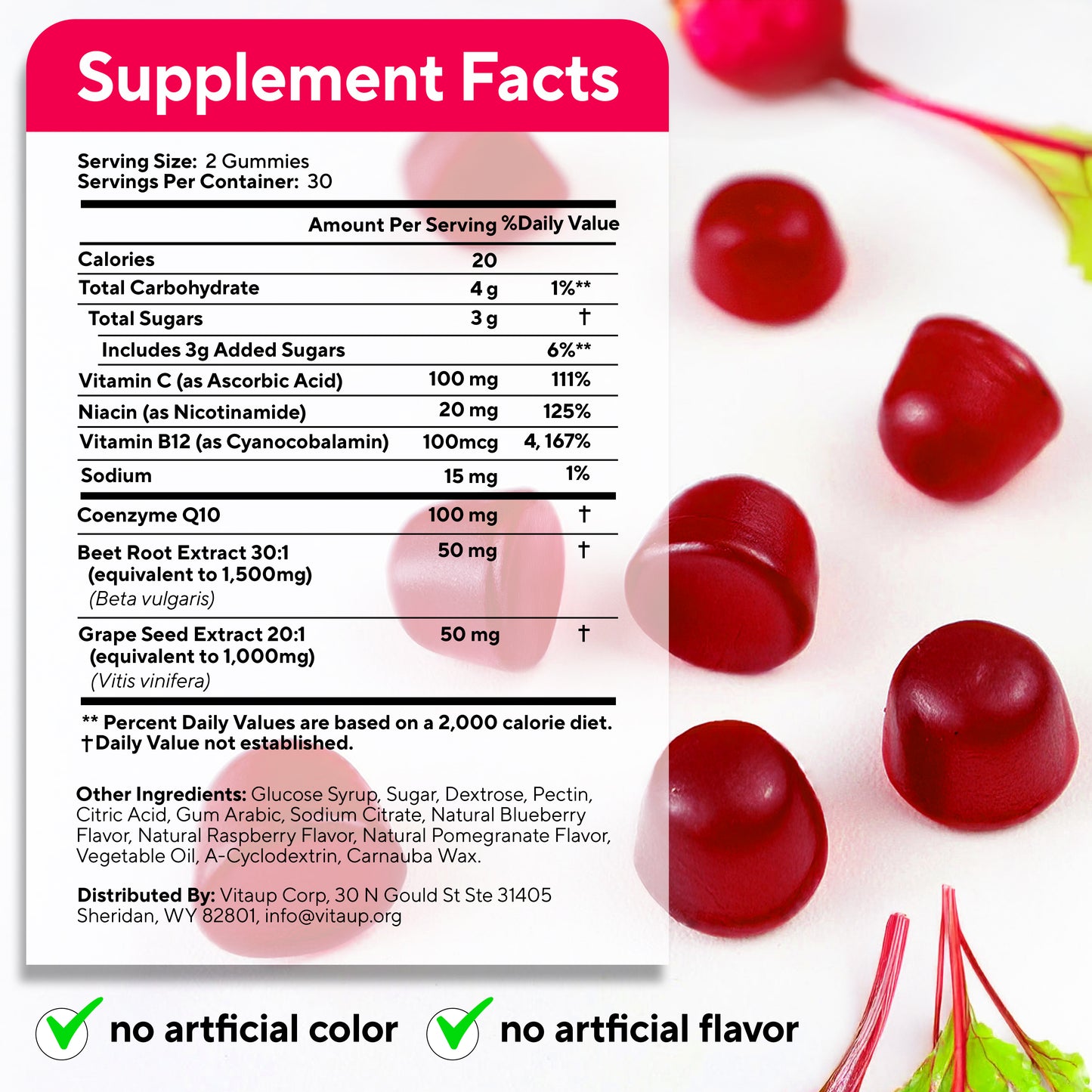 VitaUp Beet Gummies - 60 Gummies, 30-Day Supply - Berry Pomegranate Flavor