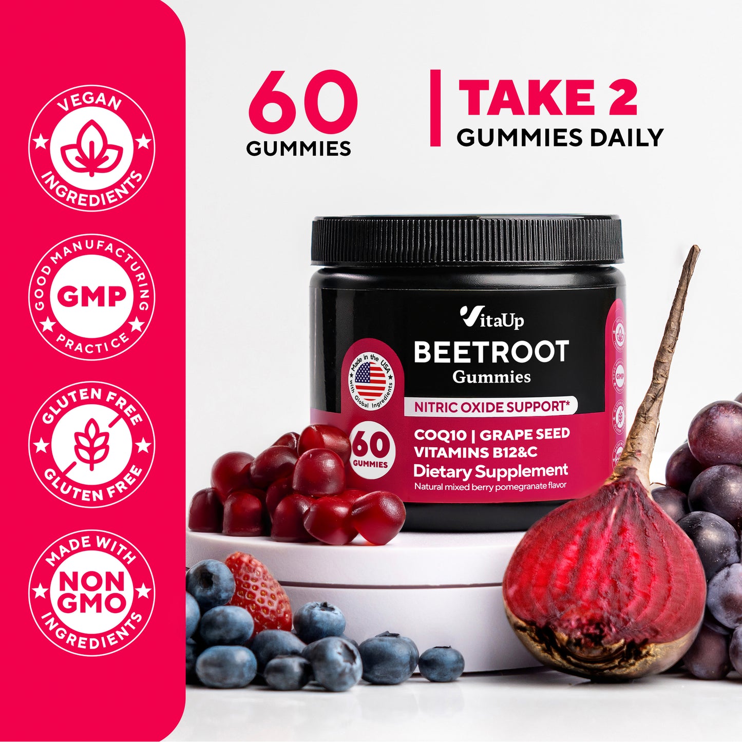VitaUp Beet Gummies - 60 Gummies, 30-Day Supply - Berry Pomegranate Flavor
