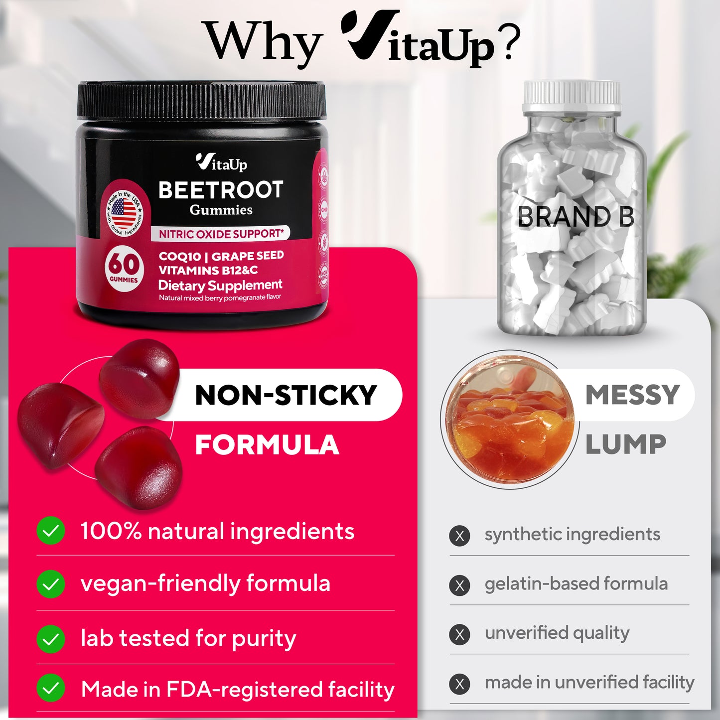 VitaUp Beet Gummies - 60 Gummies, 30-Day Supply - Berry Pomegranate Flavor