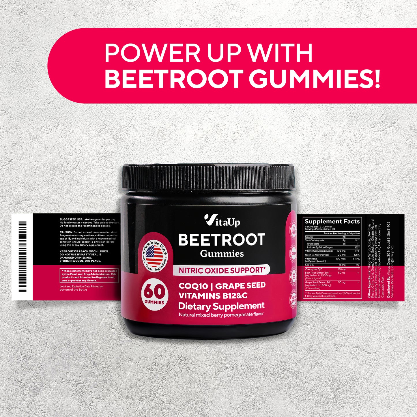 VitaUp Beet Gummies - 60 Gummies, 30-Day Supply - Berry Pomegranate Flavor