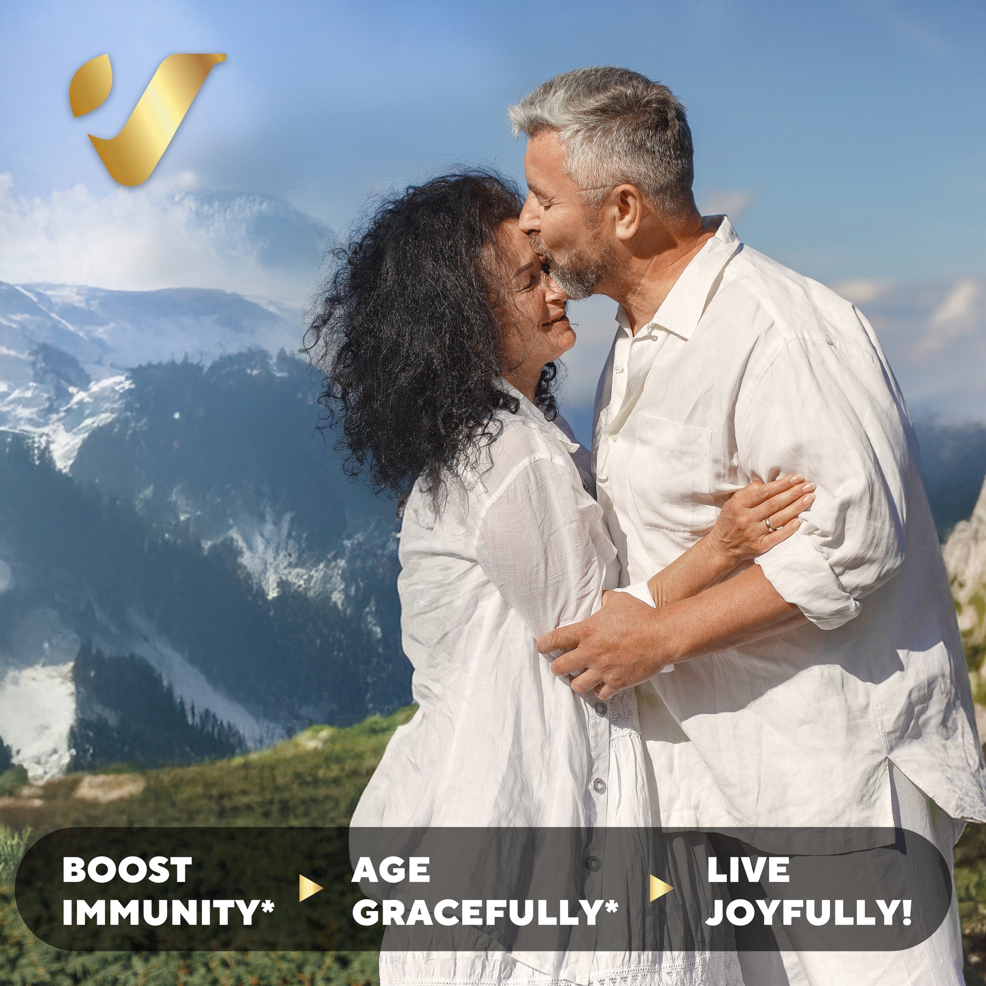 Happy older couple outdoors with text highlighting Shilajit benefits: boost immunity, age gracefully, live joyfully