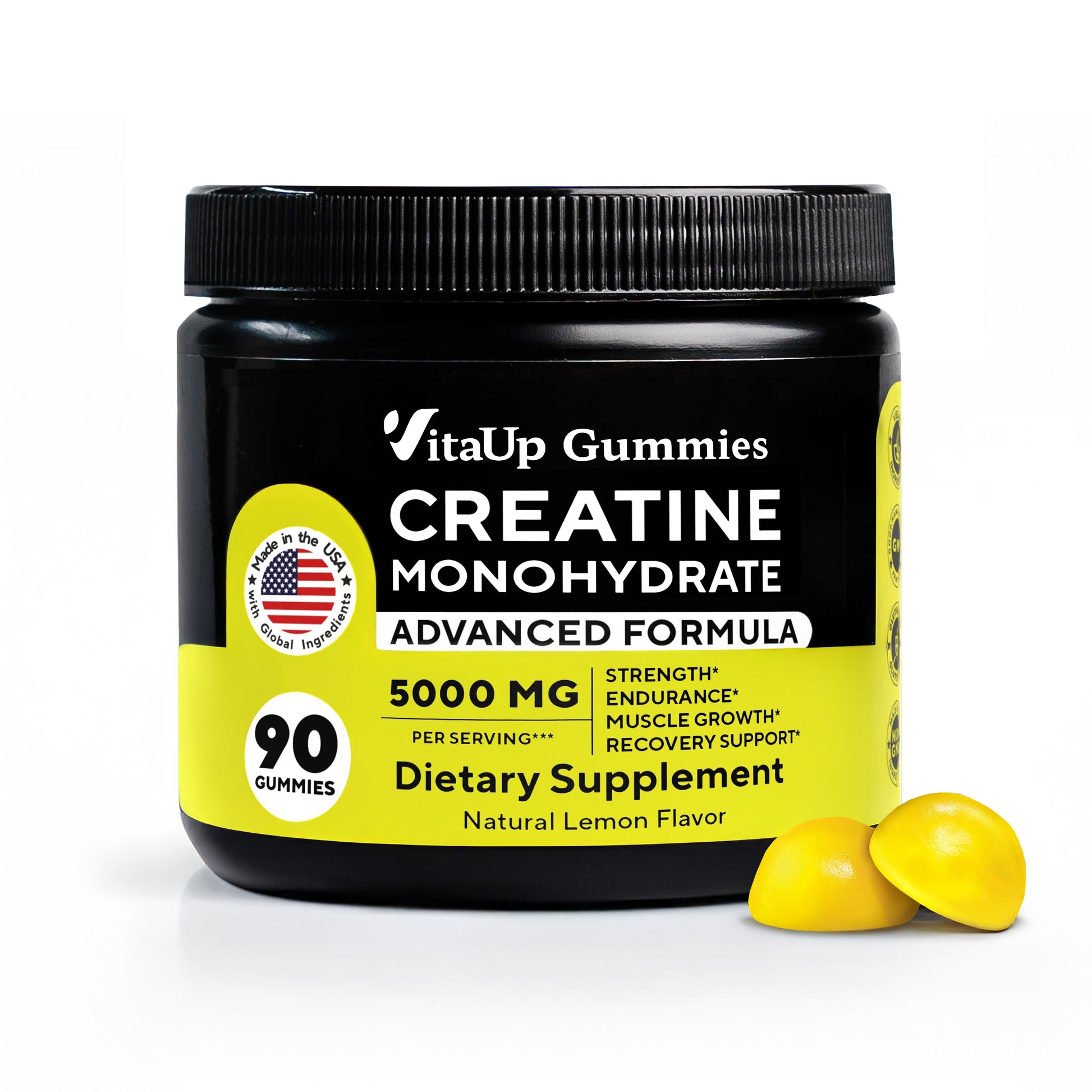VitaUp Creatine Monohydrate Gummies bottle featuring 5000 mg per serving, 90 gummies total, in natural lemon flavor. Includes icons highlighting American-made quality and yellow gummies in the foreground.