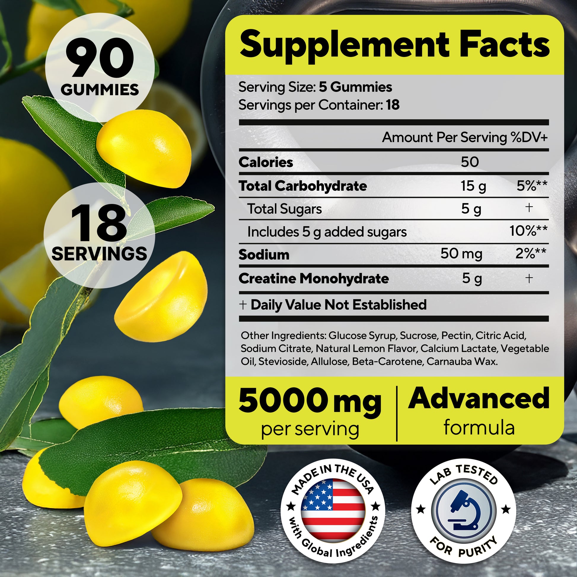 Supplement Facts label for VitaUp Creatine Monohydrate Gummies showing 5000 mg creatine per serving, 50 calories, 5g added sugars, and other ingredients. Includes Made in the USA and Lab Tested icons, with yellow lemon gummies and leaves in the background.