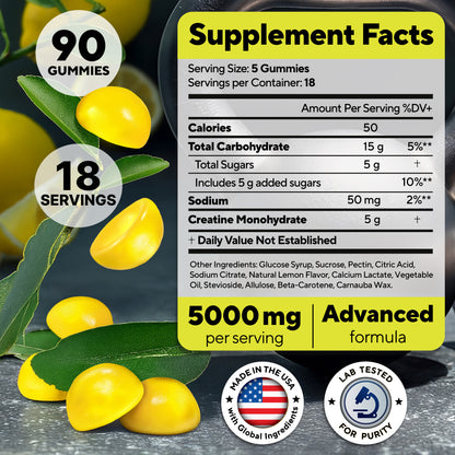 Supplement Facts label for VitaUp Creatine Monohydrate Gummies showing 5000 mg creatine per serving, 50 calories, 5g added sugars, and other ingredients. Includes Made in the USA and Lab Tested icons, with yellow lemon gummies and leaves in the background.