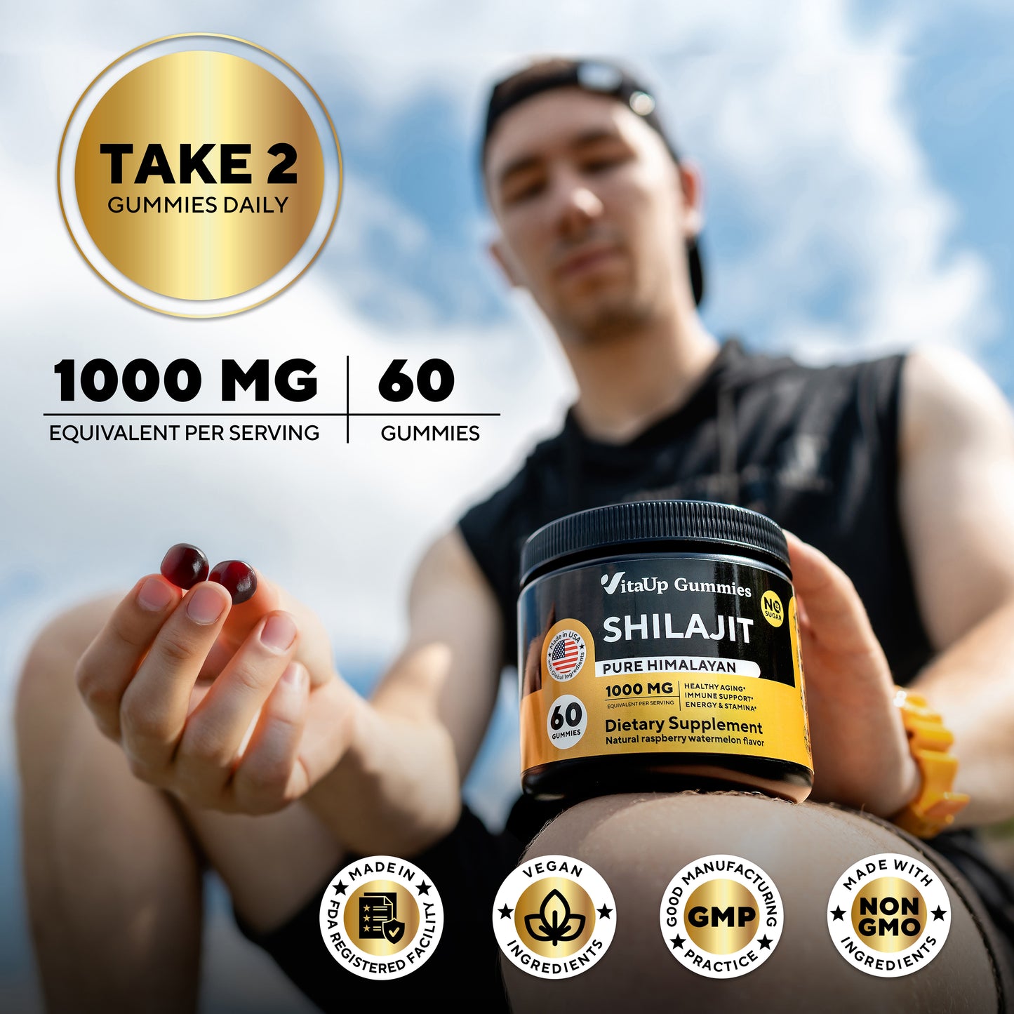 Athlete holding VitaUp Shilajit Gummies with daily dosage info and supplement benefits