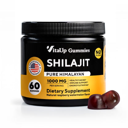 VitaUp Shilajit Gummies bottle with 60 gummies, 1000mg pure Himalayan extract, for energy and immune support