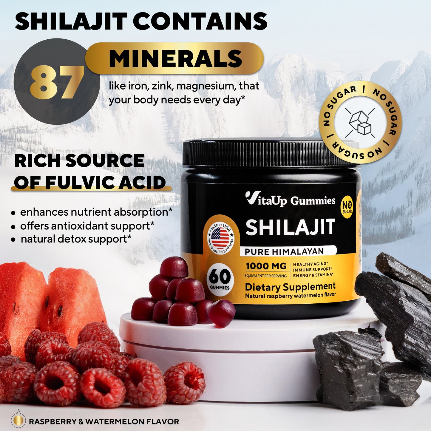 VitaUp Shilajit Gummies showcasing 87 minerals, fulvic acid benefits, and raspberry watermelon flavor