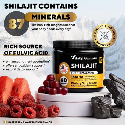 VitaUp Shilajit Gummies showcasing 87 minerals, fulvic acid benefits, and raspberry watermelon flavor