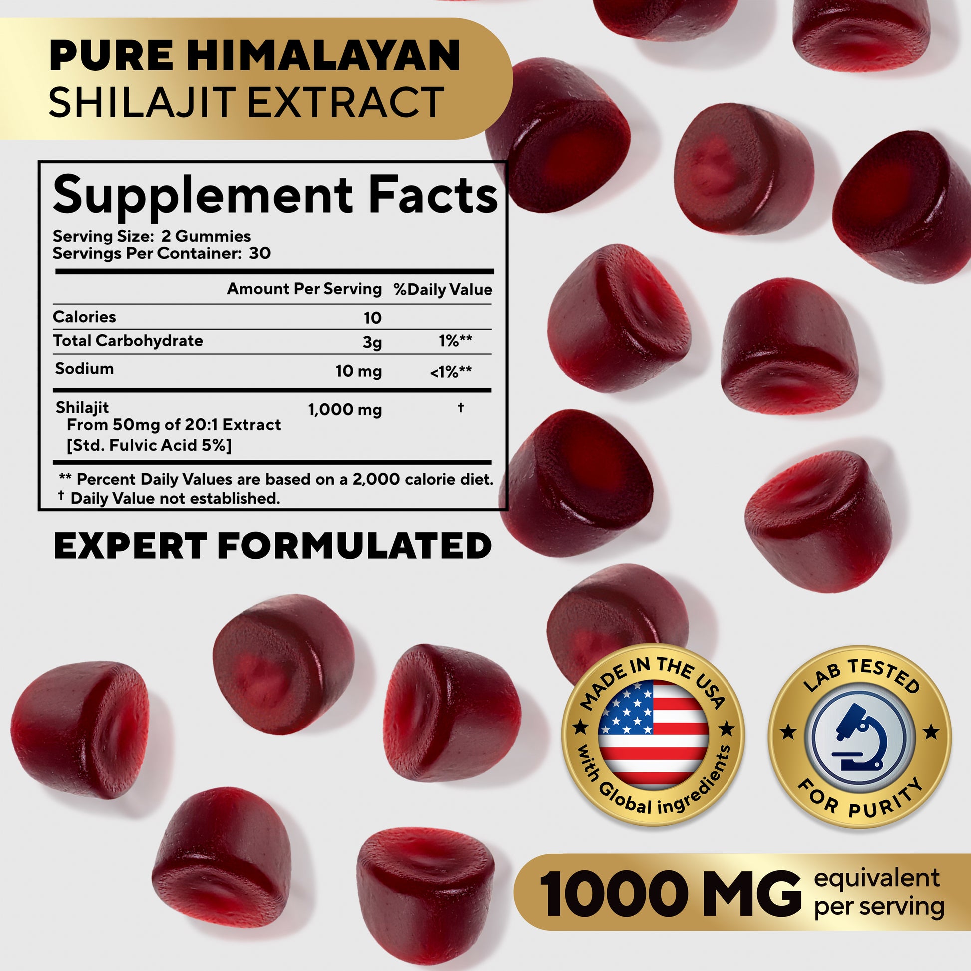 Supplement facts panel for VitaUp Shilajit Gummies showing 1000mg Himalayan Shilajit extract per serving