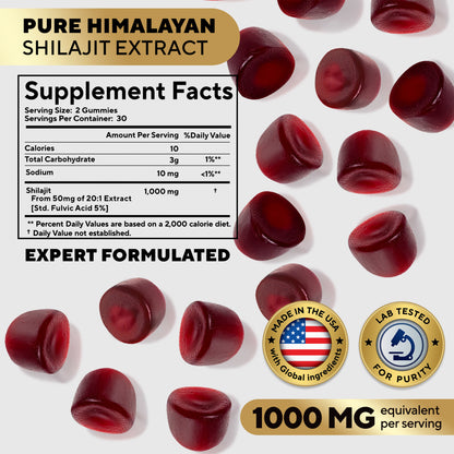 Supplement facts panel for VitaUp Shilajit Gummies showing 1000mg Himalayan Shilajit extract per serving