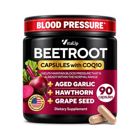 VitaUp Beetroot Supplement - Normal Blood Pressure Supplement & Heart Support - 7-in-1 USA Made Beet Root Capsules w/ CoQ10, Grape Seed, Vitamin B12 for Normal Circulation - 90 Vegan Beetroot Capsules