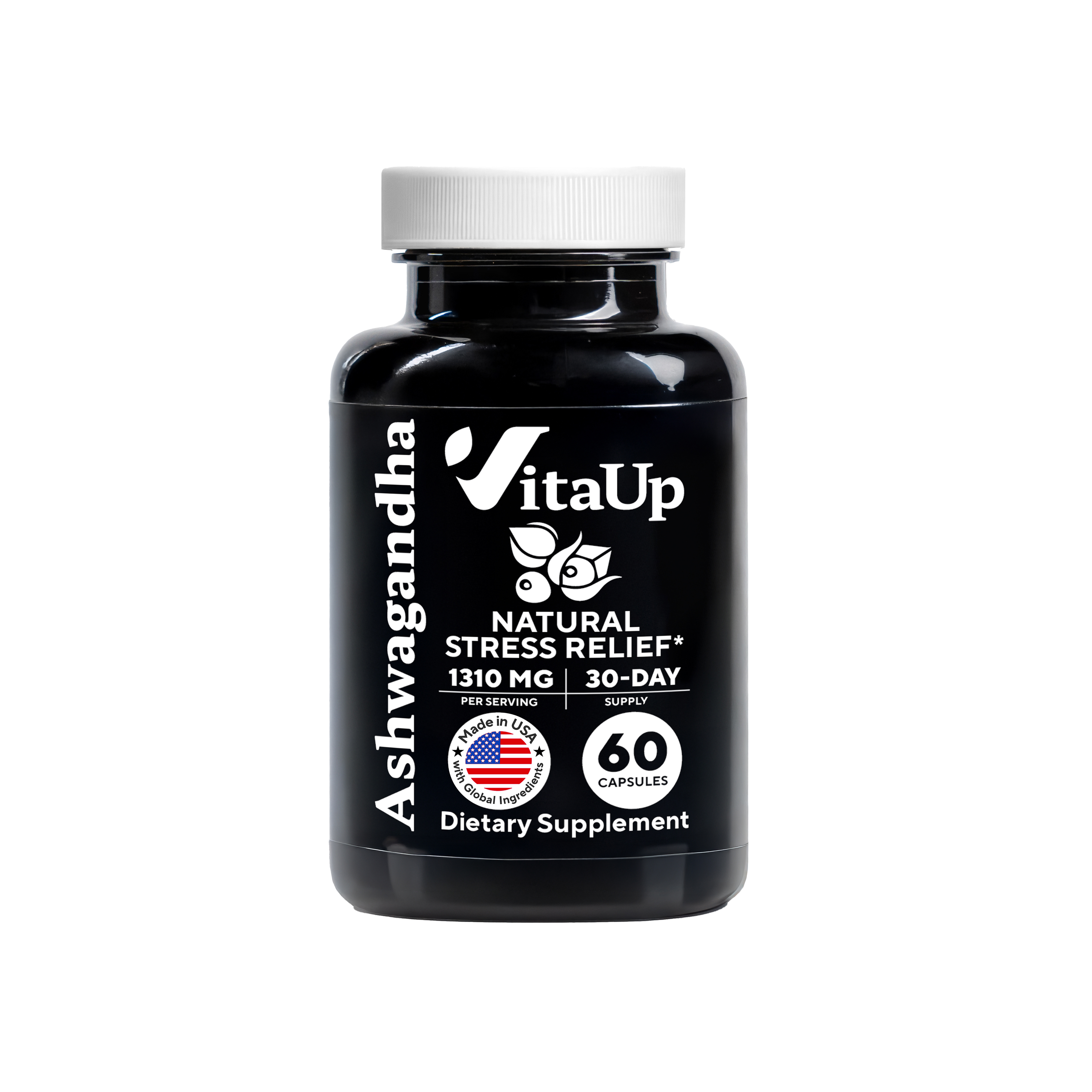 One bottle of VitaUp Ashwagandha for natural stress relief