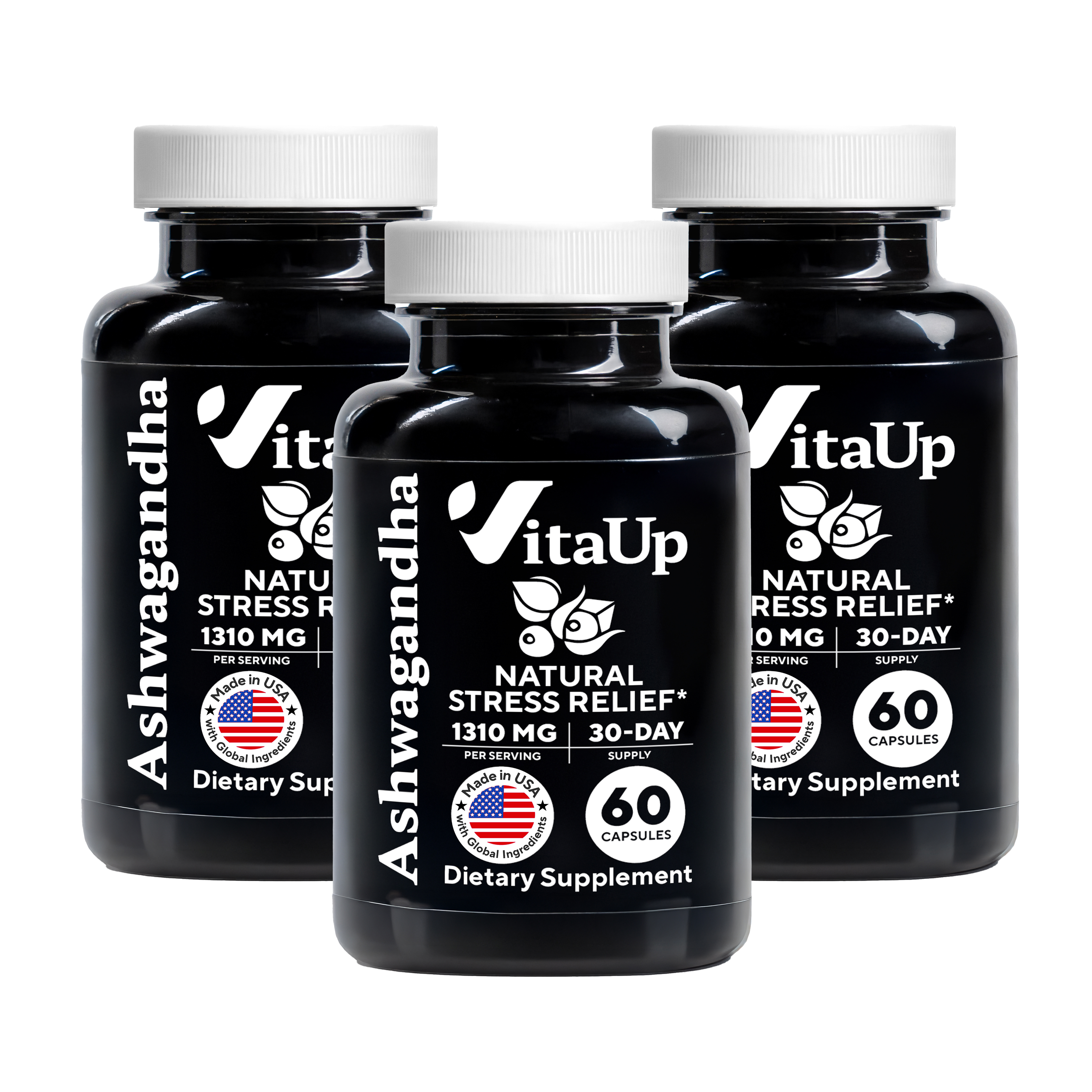 Three bottles of VitaUp Ashwagandha for emotional well-being