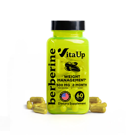 VitaUp Berberine dietary supplement bottle for metabolic and blood sugar support, 60 capsules.