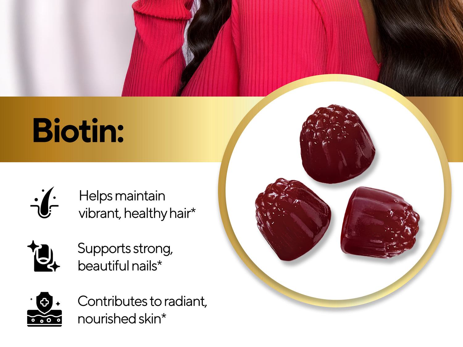 Raspberry gummies with text: Biotin 10,000 mcg – supports hair, nails & skin health