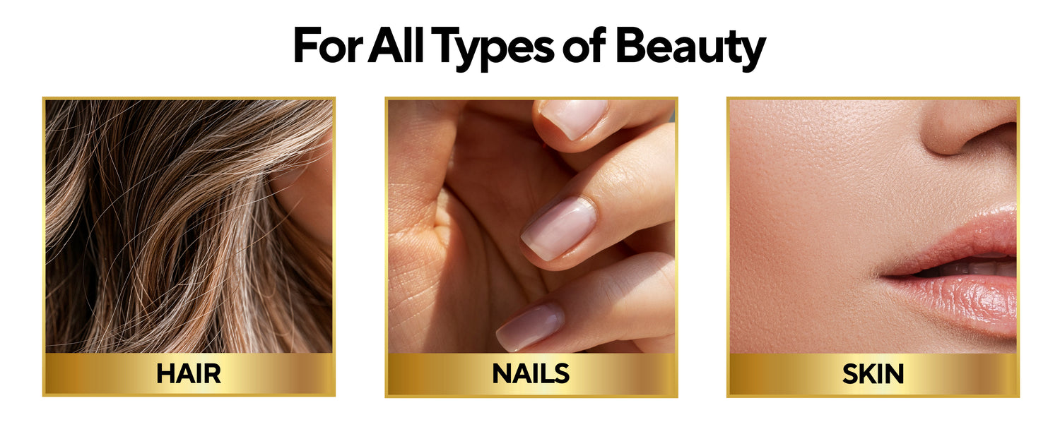 Close-up of healthy hair, nails, and skin with text: For All Types of Beauty