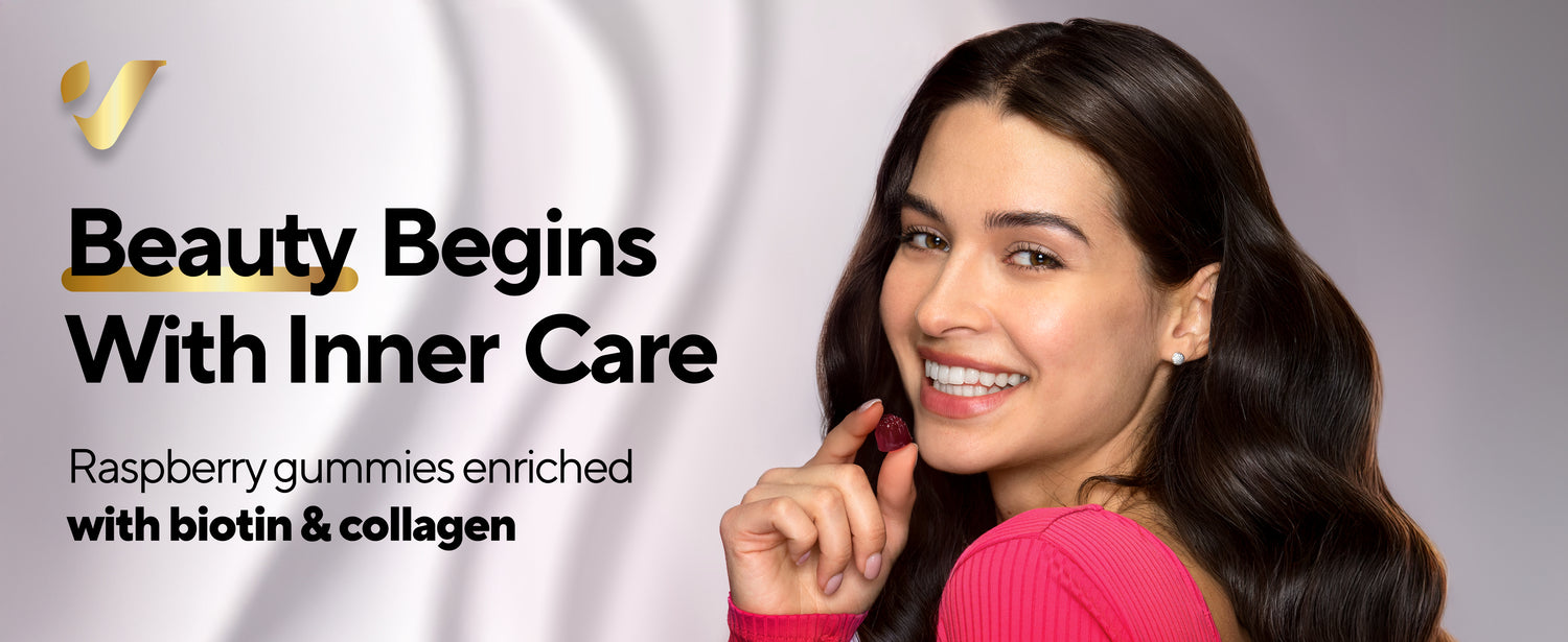 Smiling woman holding raspberry gummy, text: Beauty Begins With Inner Care, biotin & collagen