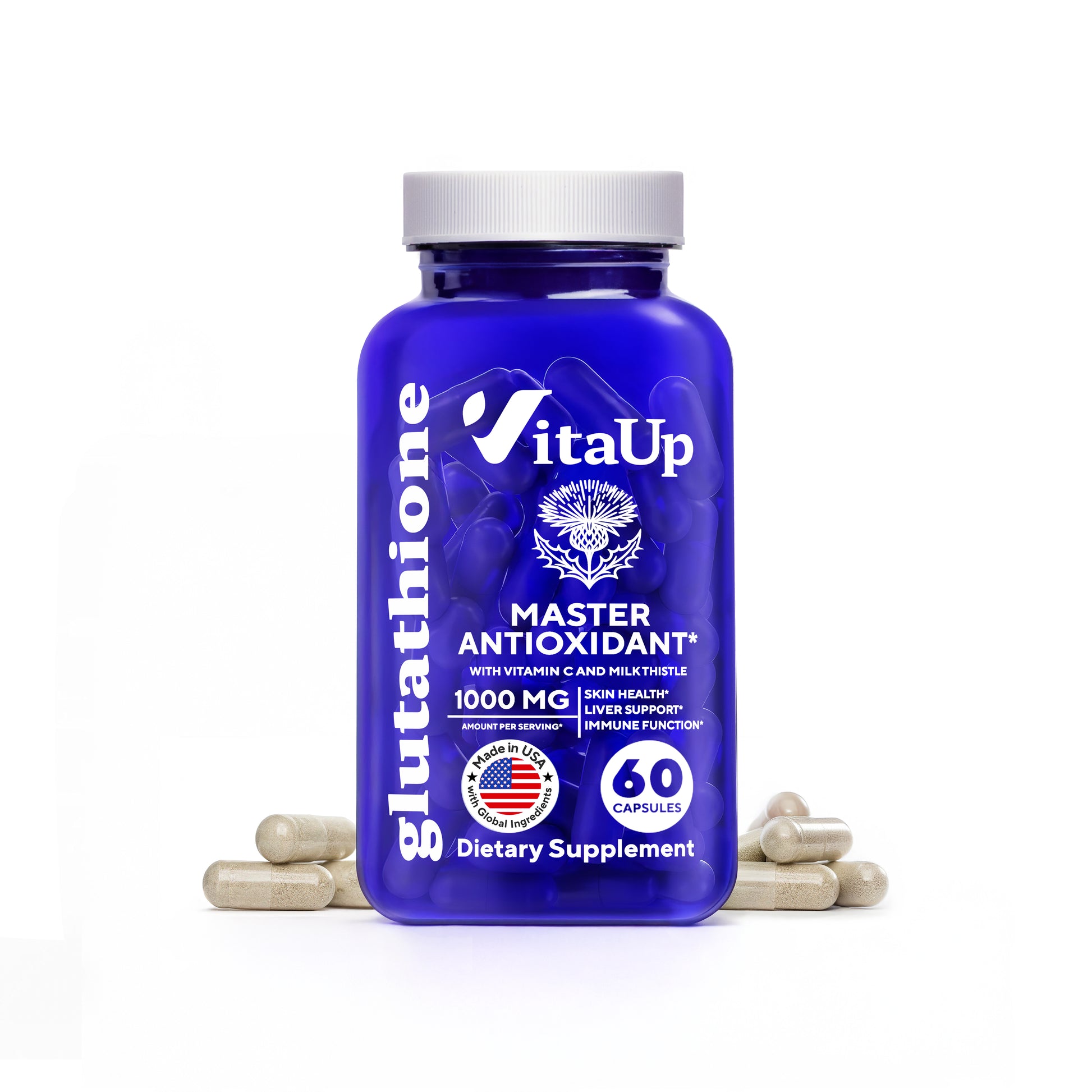  VitaUp Glutathione dietary supplement bottle with 60 capsules, designed for skin health, detox, and antioxidant support.