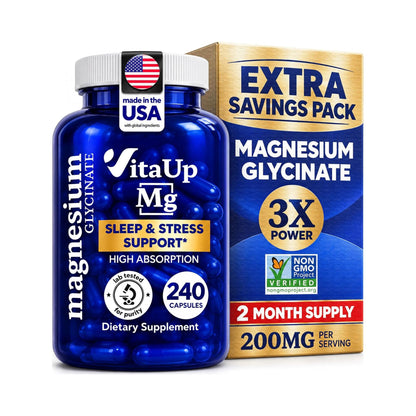 VitaUp Magnesium Glycinate 200mg - USA Made, Highly Absorbed, Non-GMO Magnesium for Relaxation, Deep Sleep, Bones & Heart - 200mg per Serving, 240 Vegan Capsules (EAN: 8720892223258)