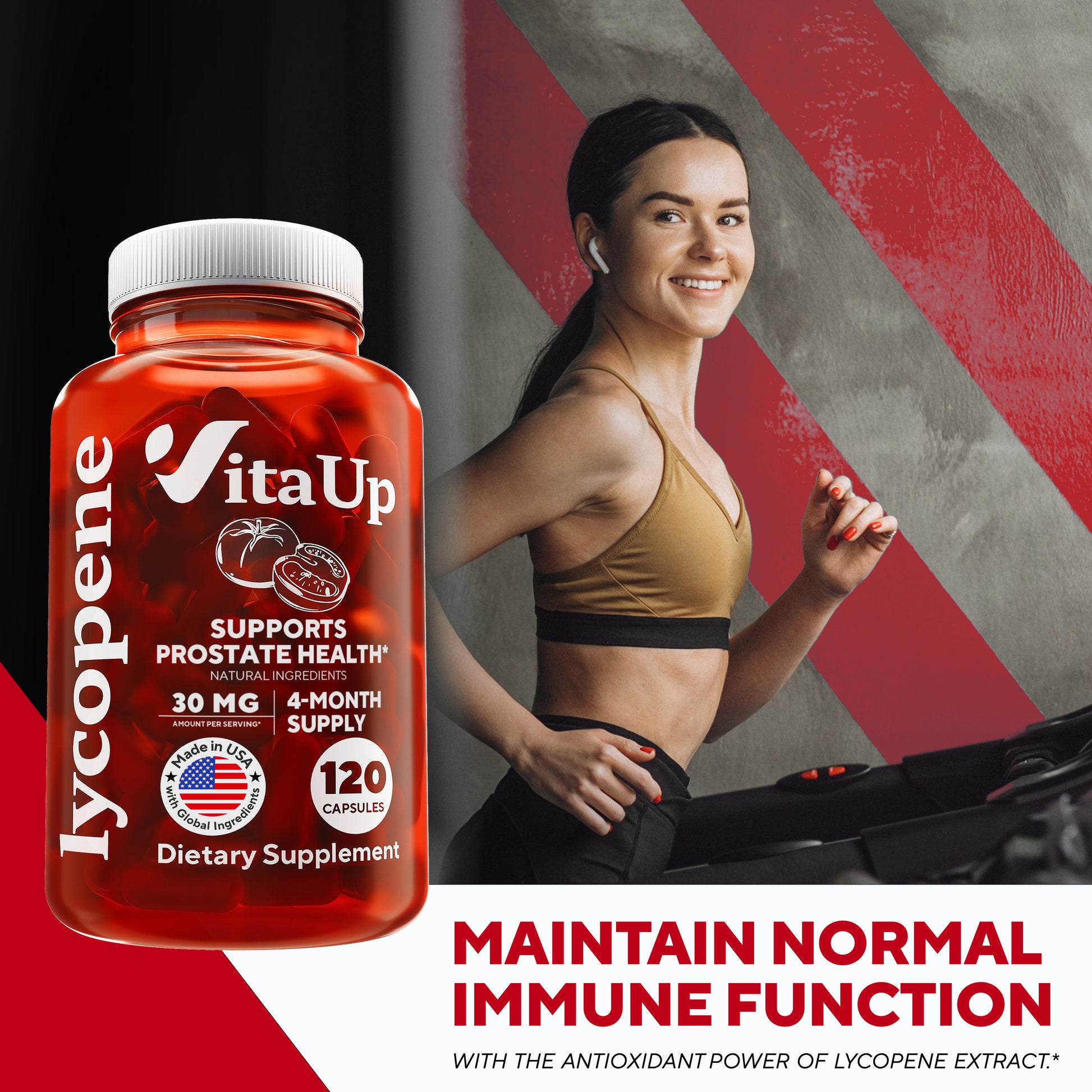 Woman running on a treadmill next to a large VitaUp Lycopene bottle, promoting immune function support.