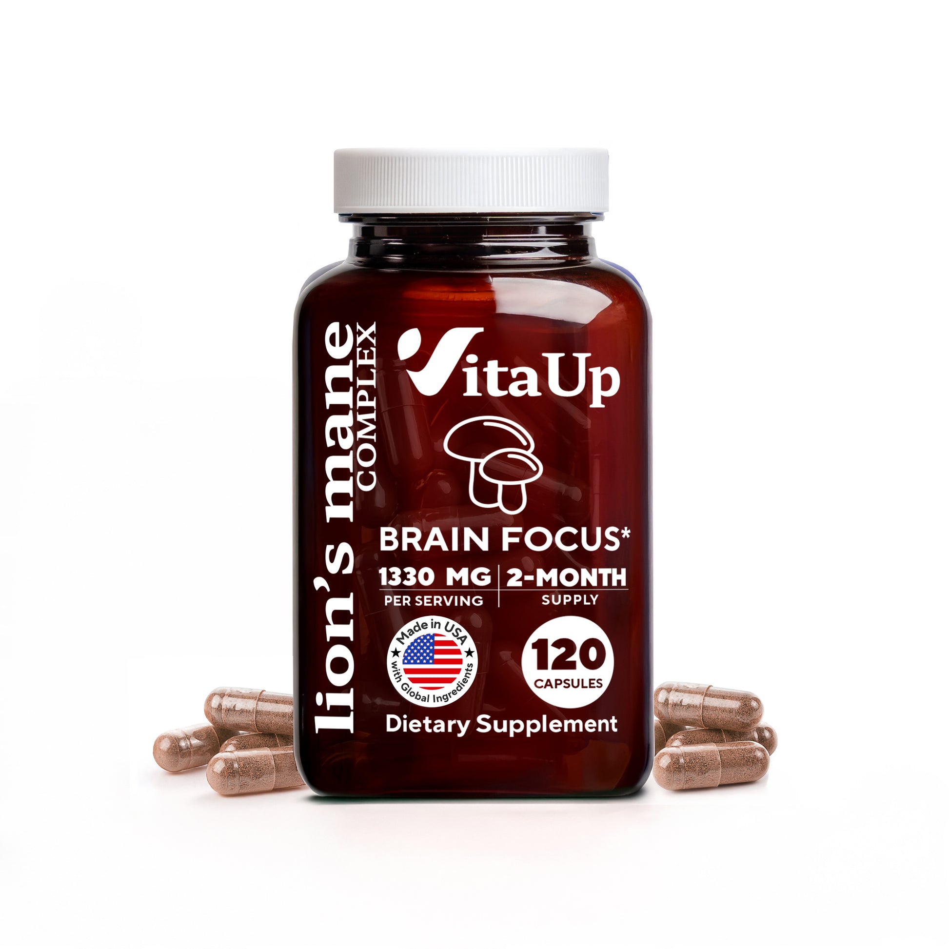 VitaUp Lion’s Mane Mushroom supplement bottle for brain and focus support with 120 capsules.