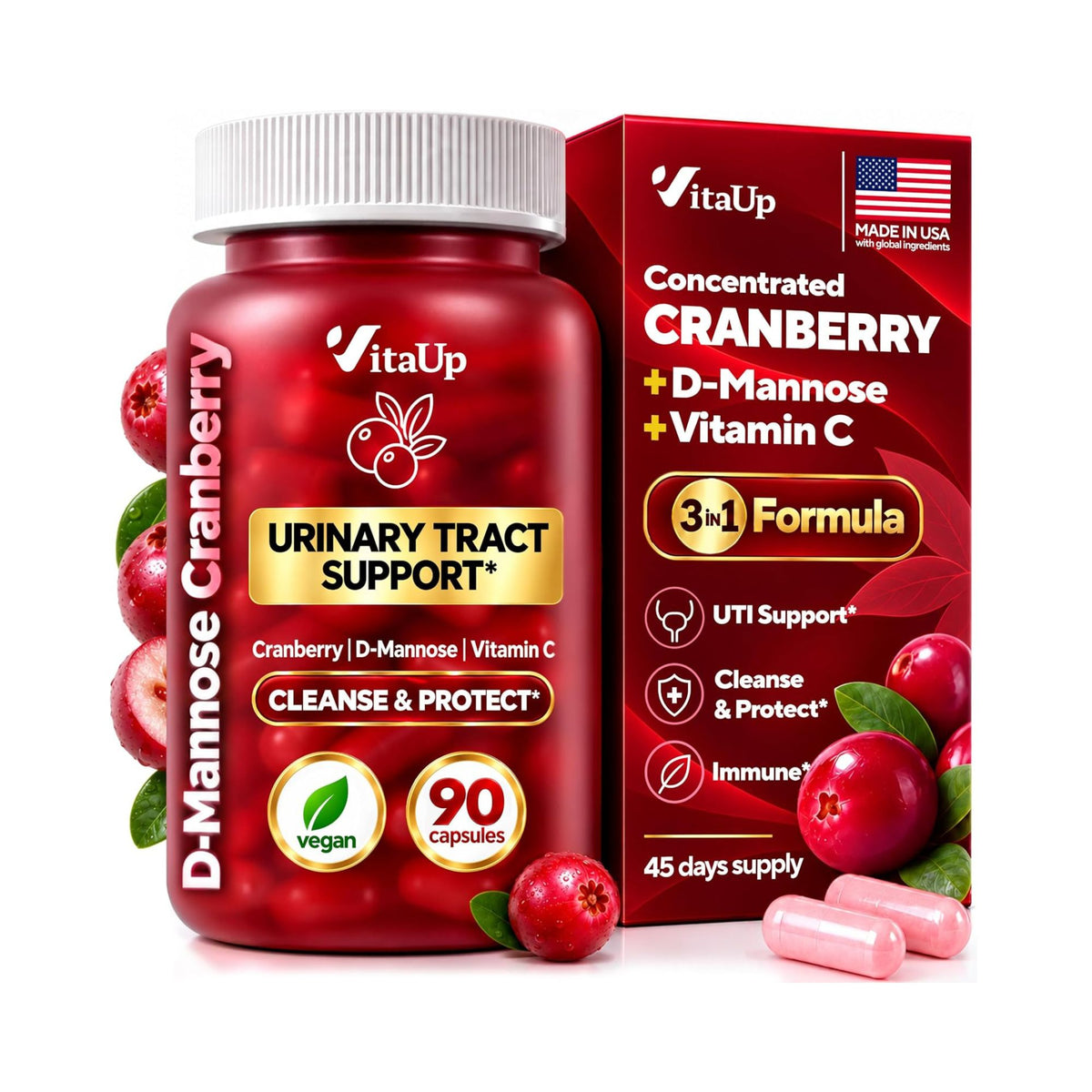 D Mannose with Cranberry Supplement for Women – Made in USA, Cranberry D Mannose & Vitamin C Supplement – Urinary Tract & Bladder Support for Women – 90 Vegan Capsules