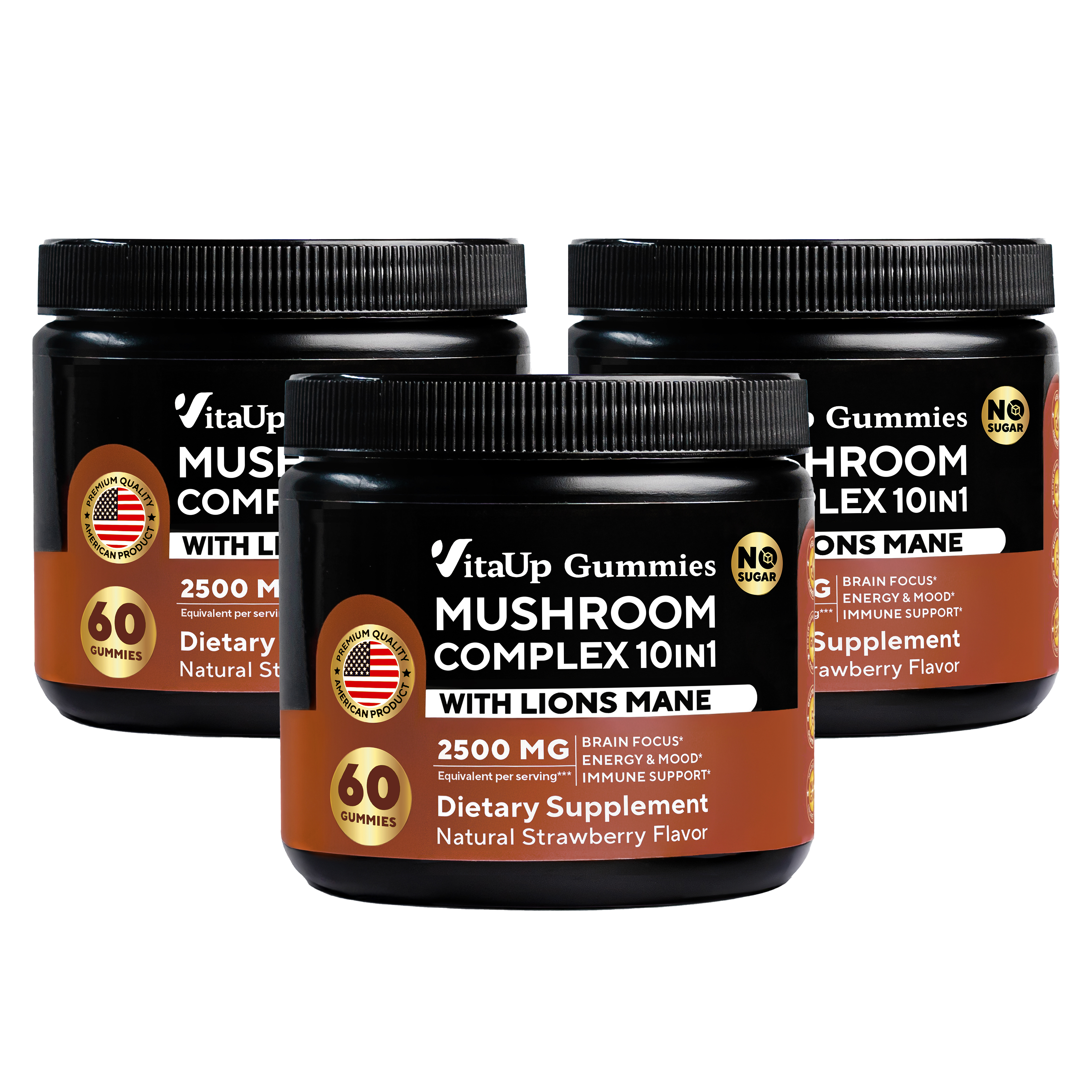 Three bottles of VitaUp Mushroom Complex for daily vitality
