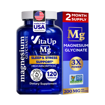 VitaUp Magnesium Glycinate 200mg - USA Made, Highly Absorbed, Non-GMO Magnesium for Relaxation, Deep Sleep, Bones & Heart - 200mg per Serving, 120 Vegan Capsules (UPC: 860009851825)