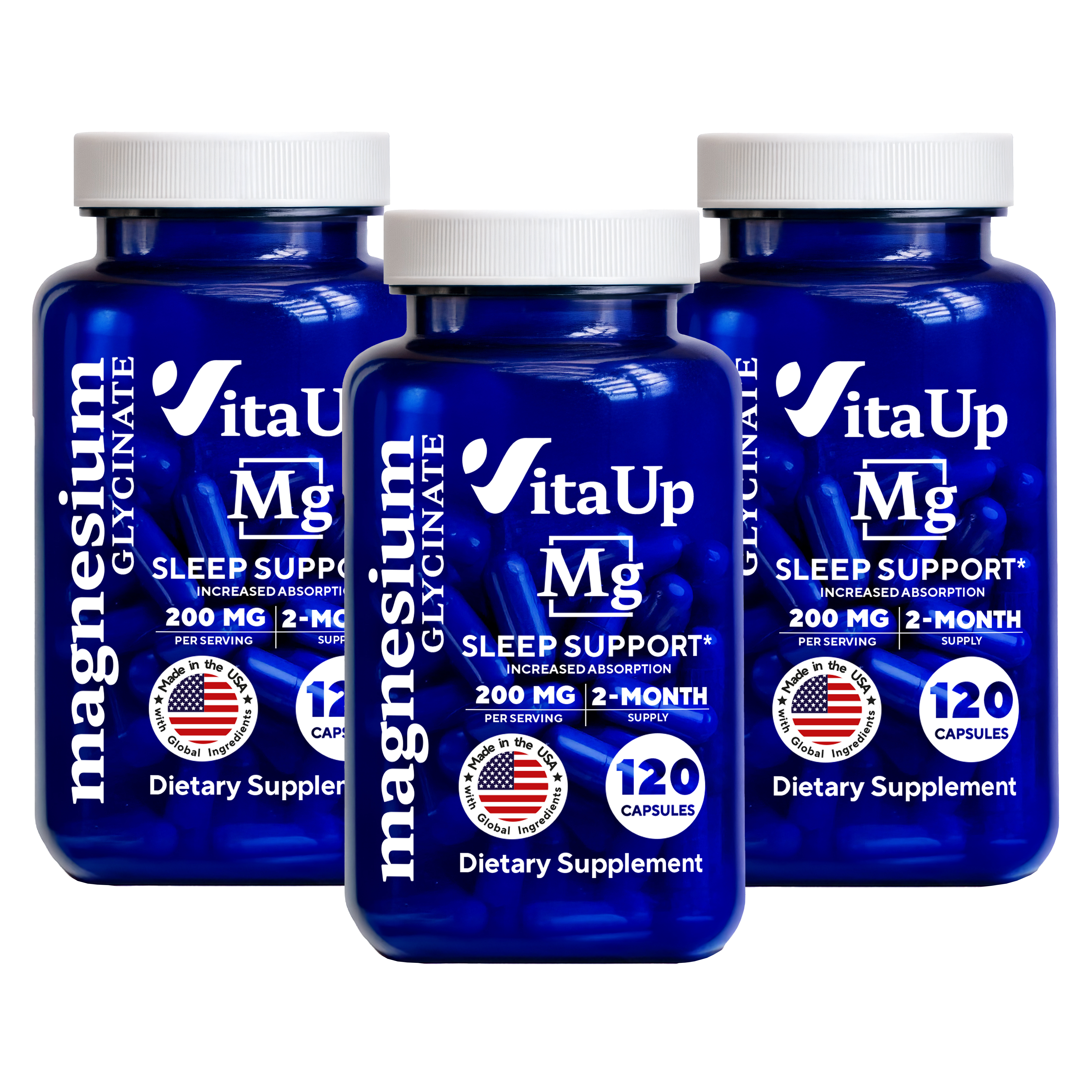 Three bottles of VitaUp Magnesium Glycinate for recovery and calm