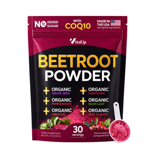 VitaUp 8-in-1 Beetroot Supplement with Organic Beetroot Powder – USA Made Beet Root Powder with Grape Seed, Hawthorn, Coq10 – for Normal Circulation & Energy Support – 30 Serving