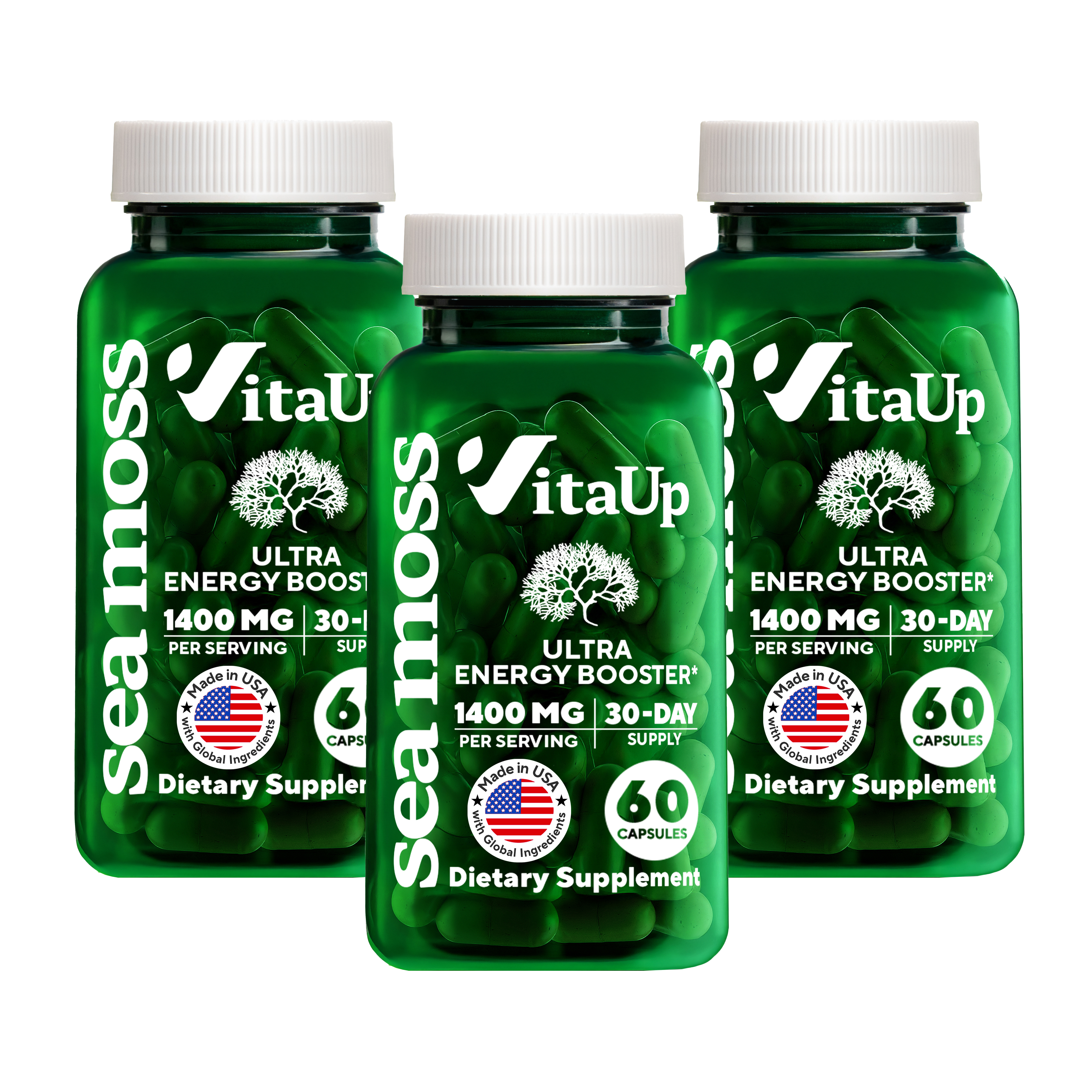 Three-bottle bundle of VitaUp Sea Moss Capsules for mineral boost