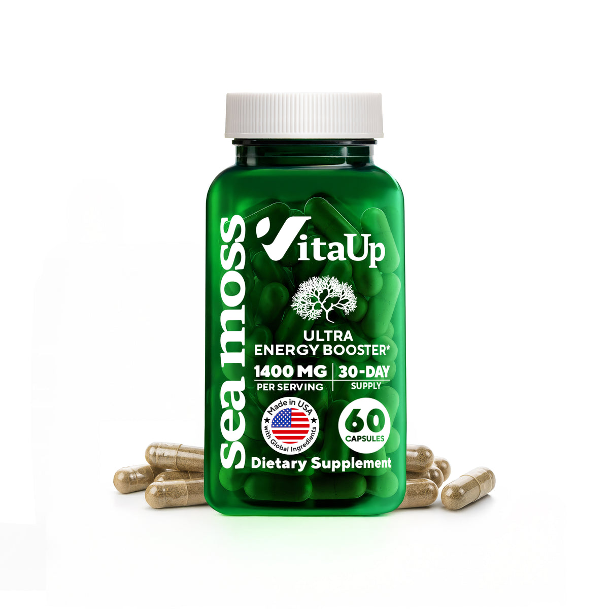 VitaUp Sea Moss supplement bottle with 60 capsules for immune and thyroid support.
