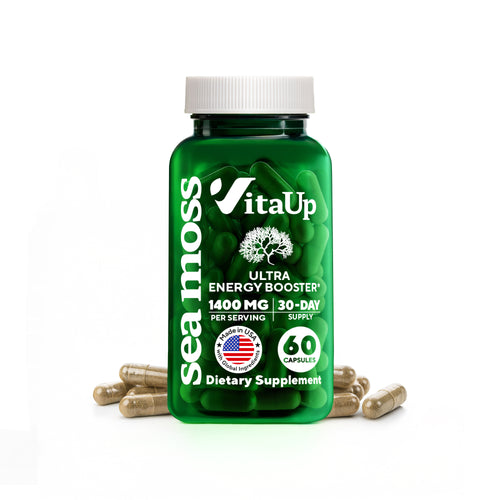 VitaUp Sea Moss supplement bottle with 60 capsules for immune and thyroid support.