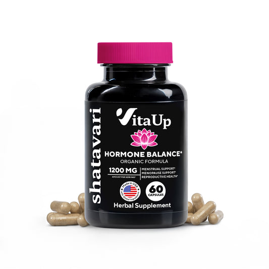 VitaUp Shatavari dietary supplement bottle with 60 capsules for women's hormonal balance and reproductive health.