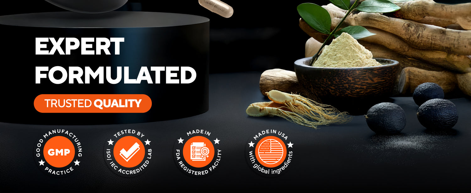 Product with 'Expert Formulated' and 'Trusted Quality' text, featuring natural elements on a dark background.