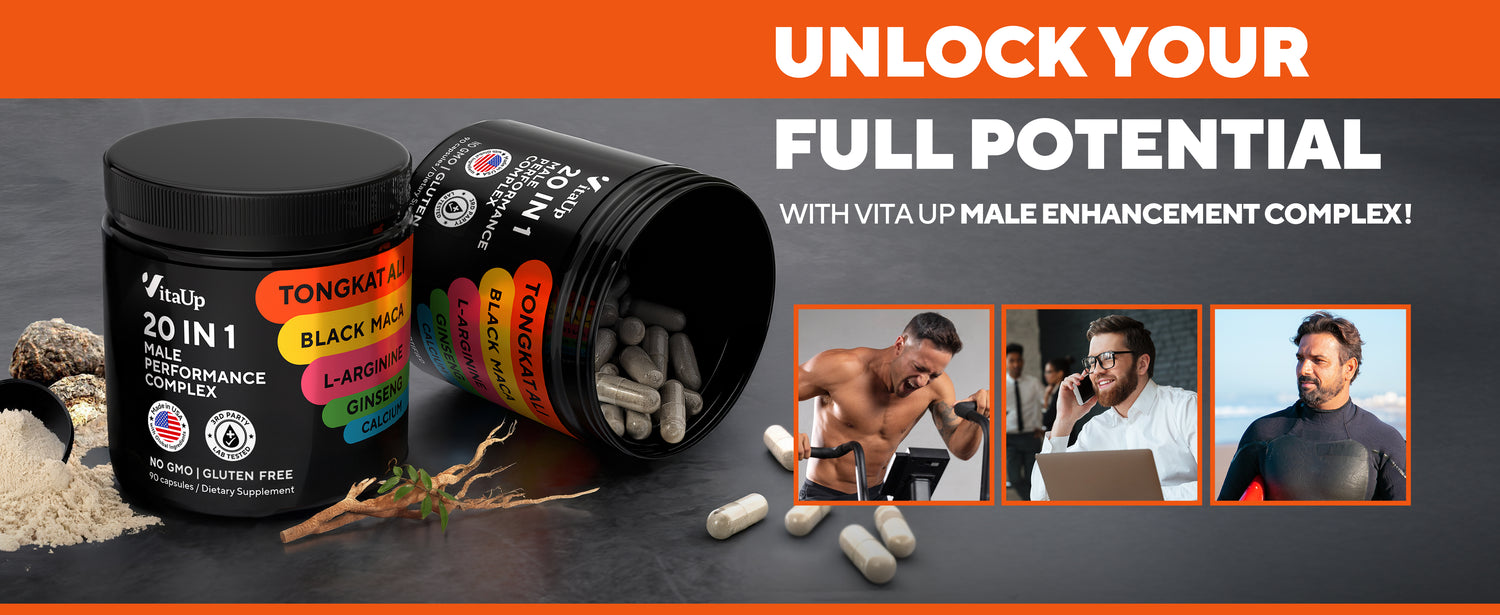 Vita Up male enhancement complex packaging with promotional text and images of men using their products.