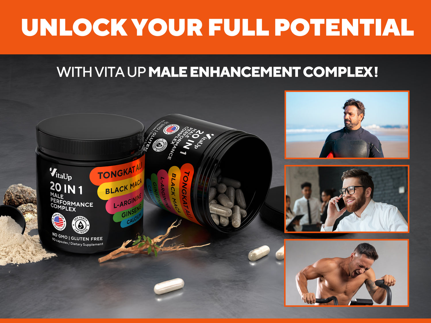 Vita Up male enhancement complex with product packaging and images of a man on a beach, at work, and exercising.